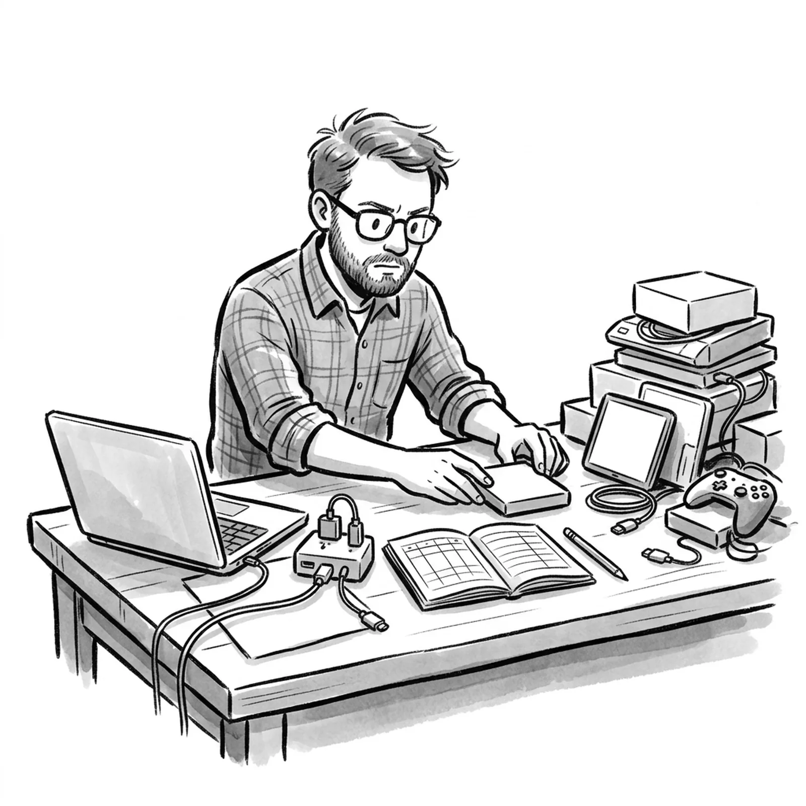 A product manager at a workbench laying out a small set of tools in a row: a laptop, a plug adapter, a notebook of tables and a coffee mug
