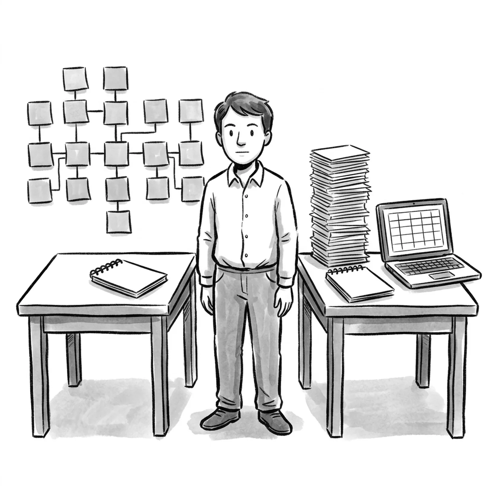 Two identical desks side by side, one with a notebook and sticky notes, the other with the same notebook plus a stack of test cards and a laptop, with a product manager standing between them
