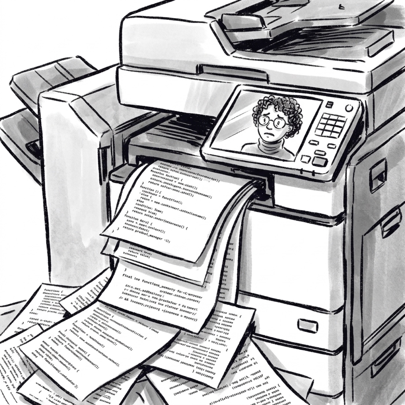 Extreme close-up of a photocopier churning out endless identical code sheets