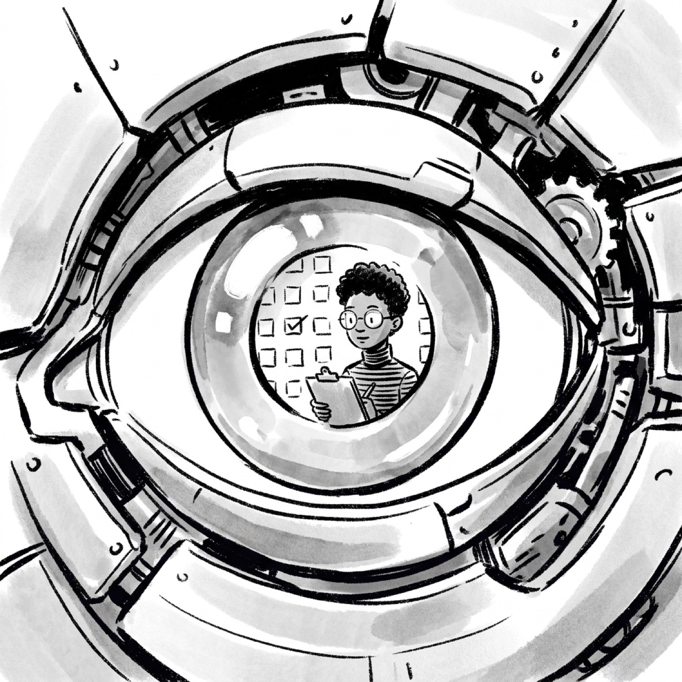 An extreme close-up of a mechanical eye, its iris reflecting a grid of checklist boxes.