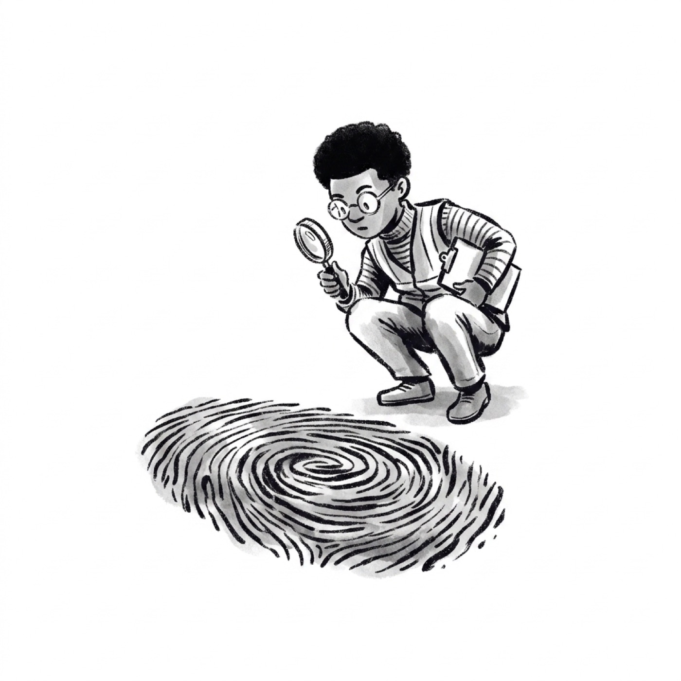 A tiny investigator with a magnifying glass crouches beside one enormous fingerprint on an empty floor.