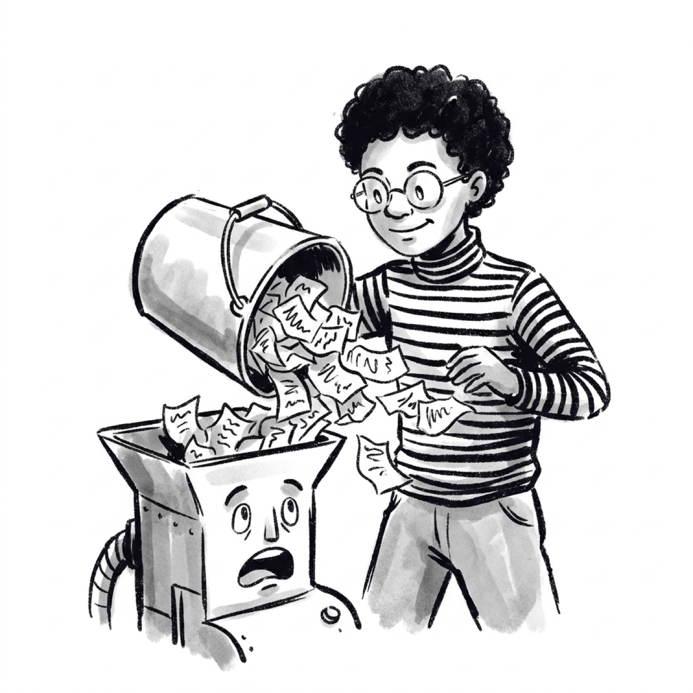 A PM tips a bucket of crumpled, scribbled notes into the hopper of a startled machine.