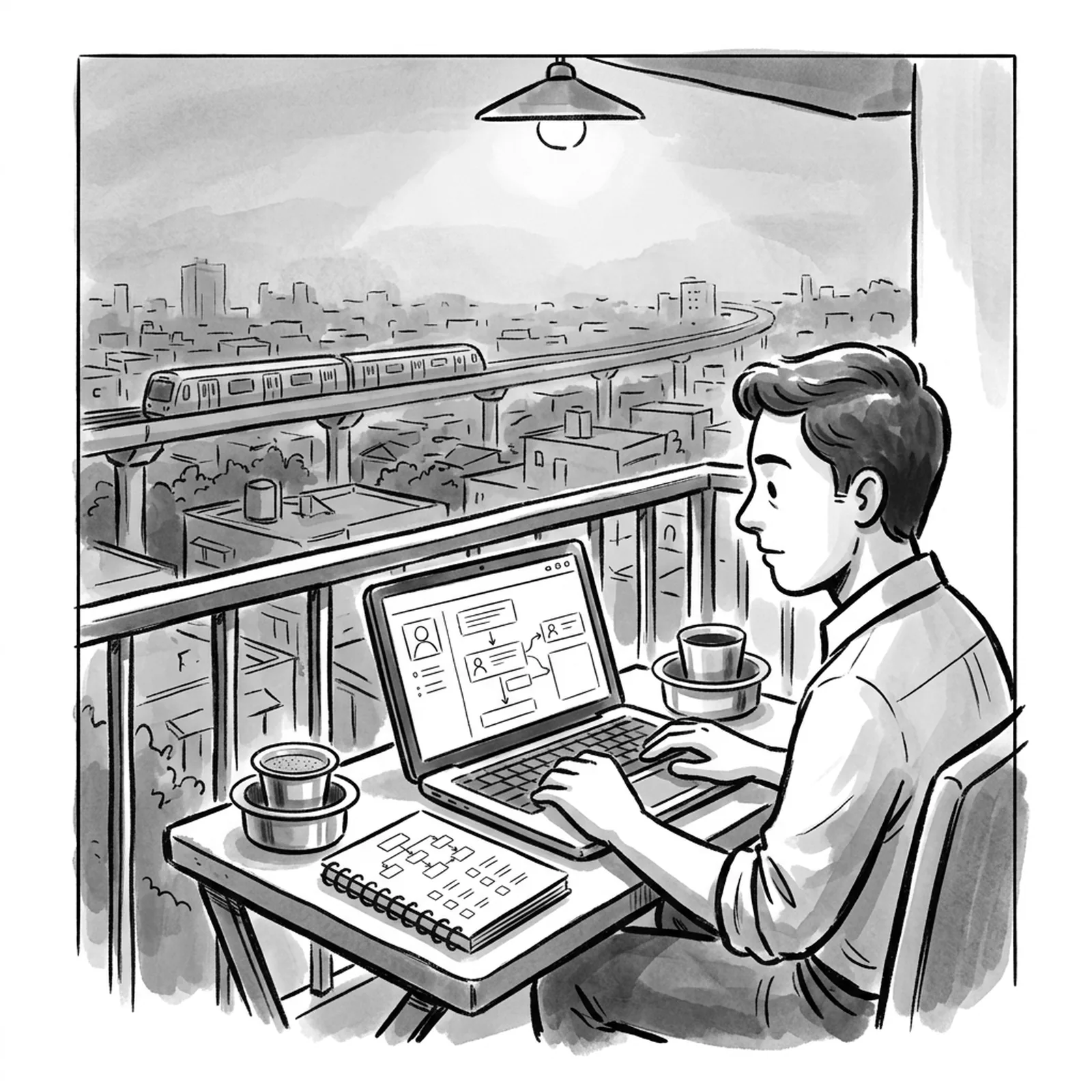 A young product manager on a Bengaluru apartment balcony at dusk sketches an AI chatbot flow and an evaluation checklist in a notebook, laptop open, filter coffee beside her