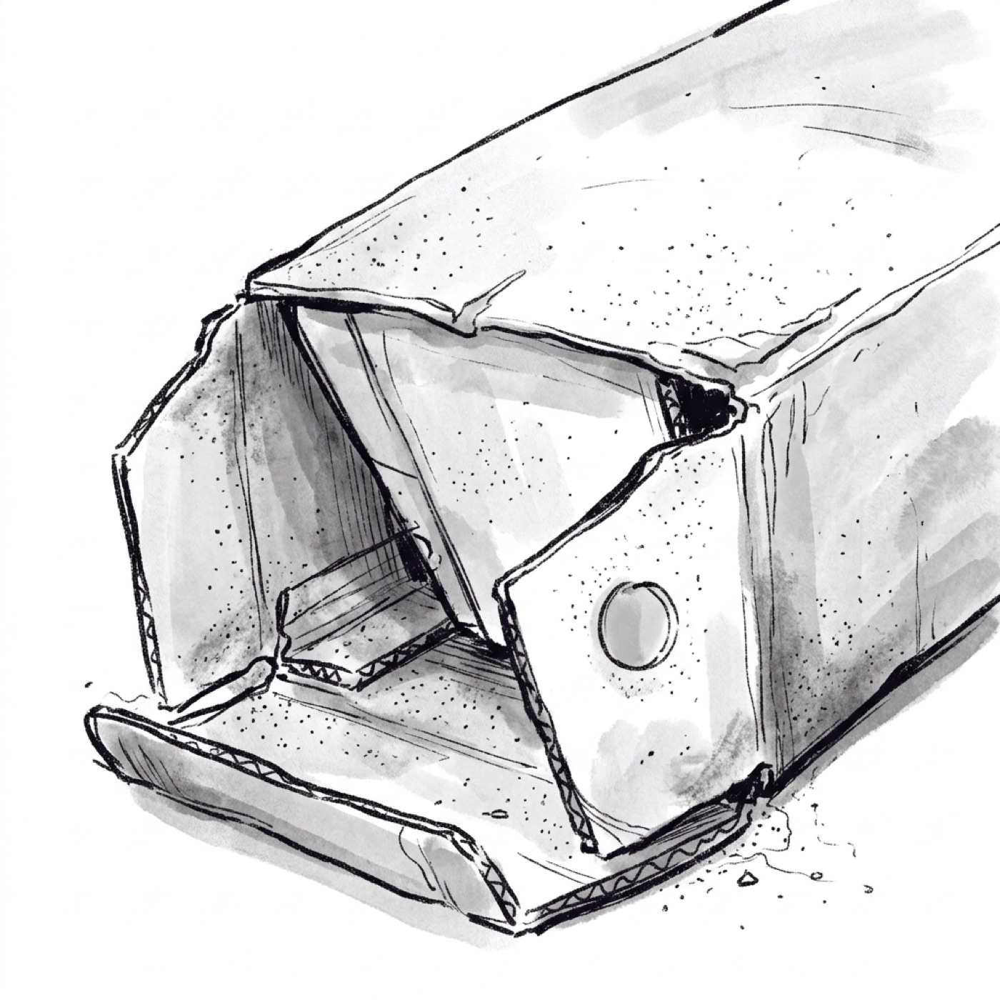 An extreme close-up of a toppled, abandoned cardboard product prototype gathering dust
