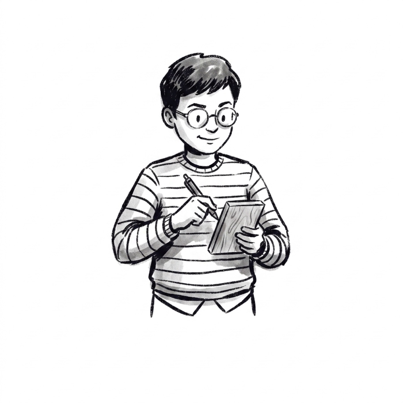 A product manager pulls a plain rectangular block of wood from a shirt pocket and taps it with a pen