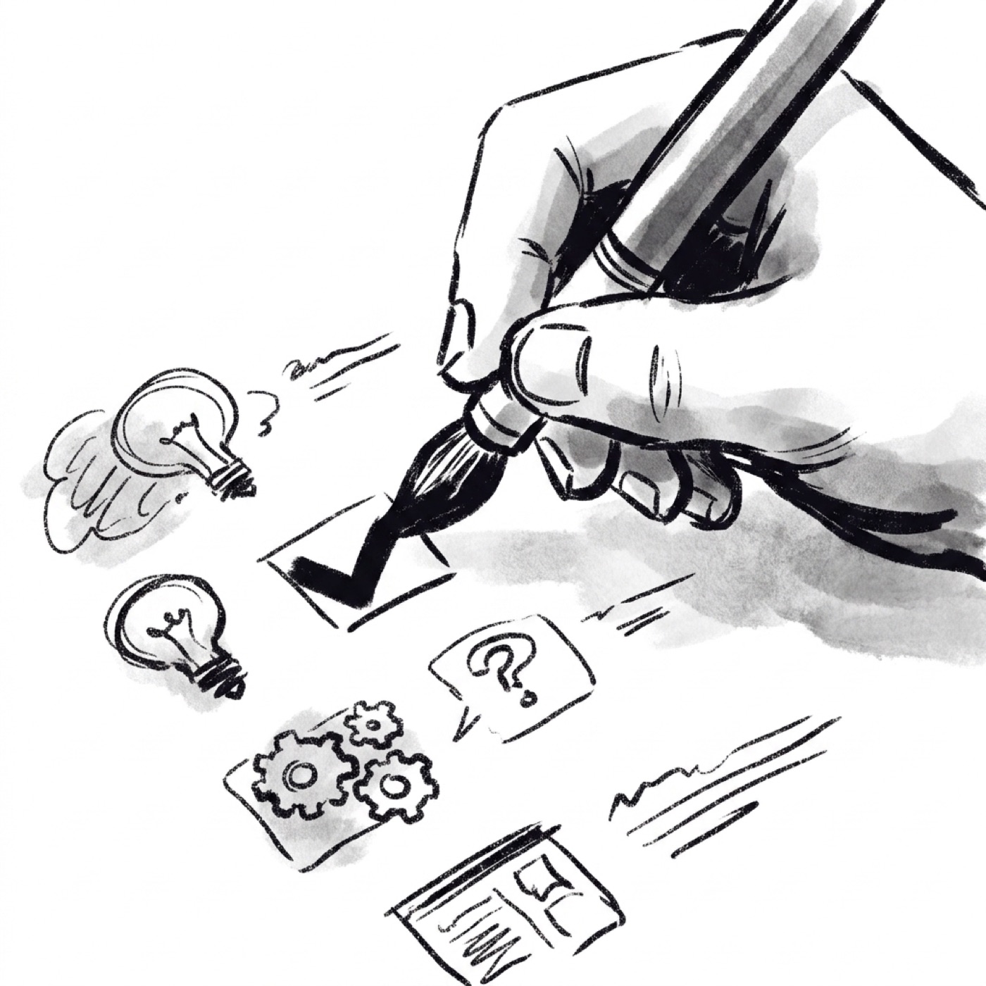 An extreme close-up of a hand placing a checkmark next to one chosen idea among rough sketches