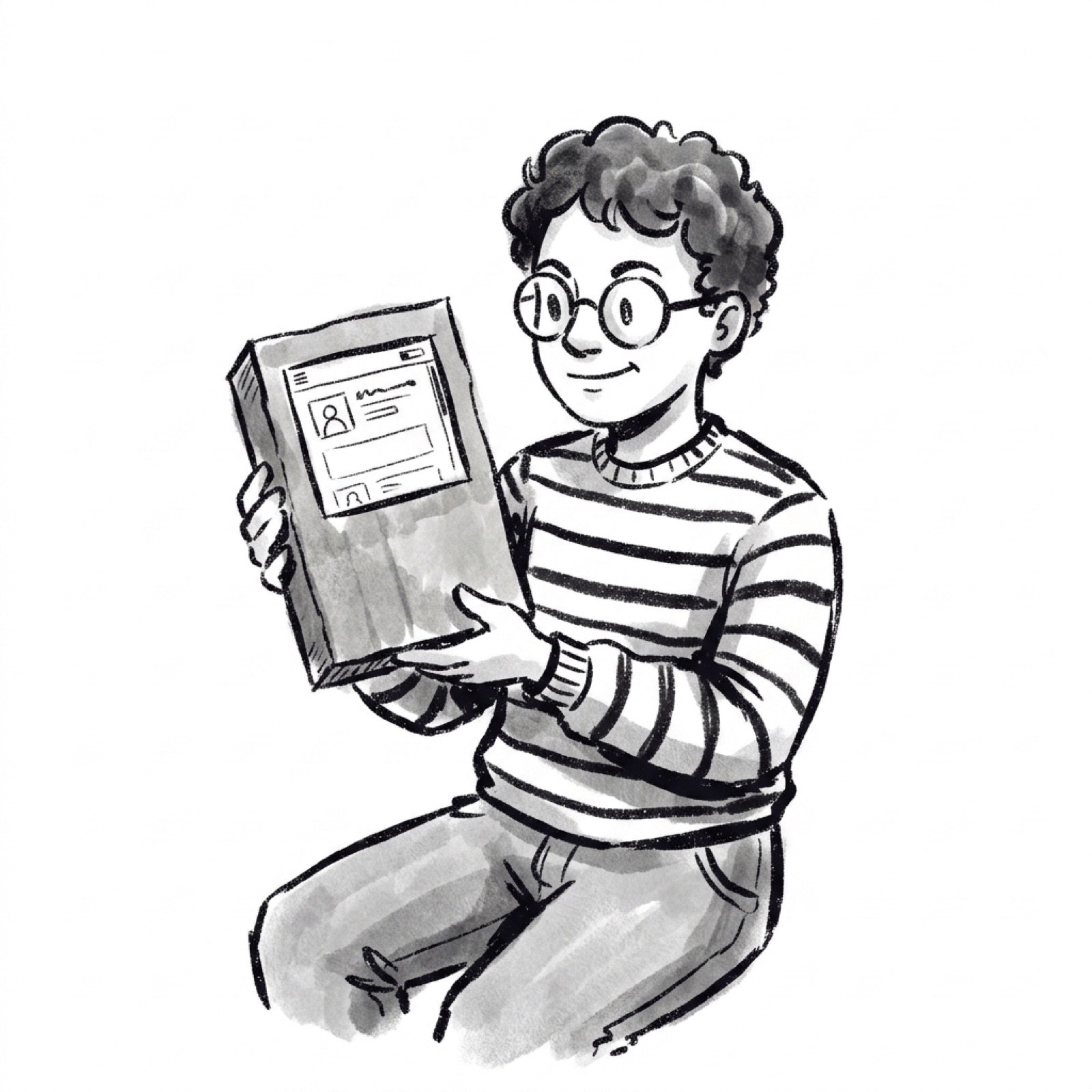 A product manager proudly holds up a rough cardboard mockup of a gadget