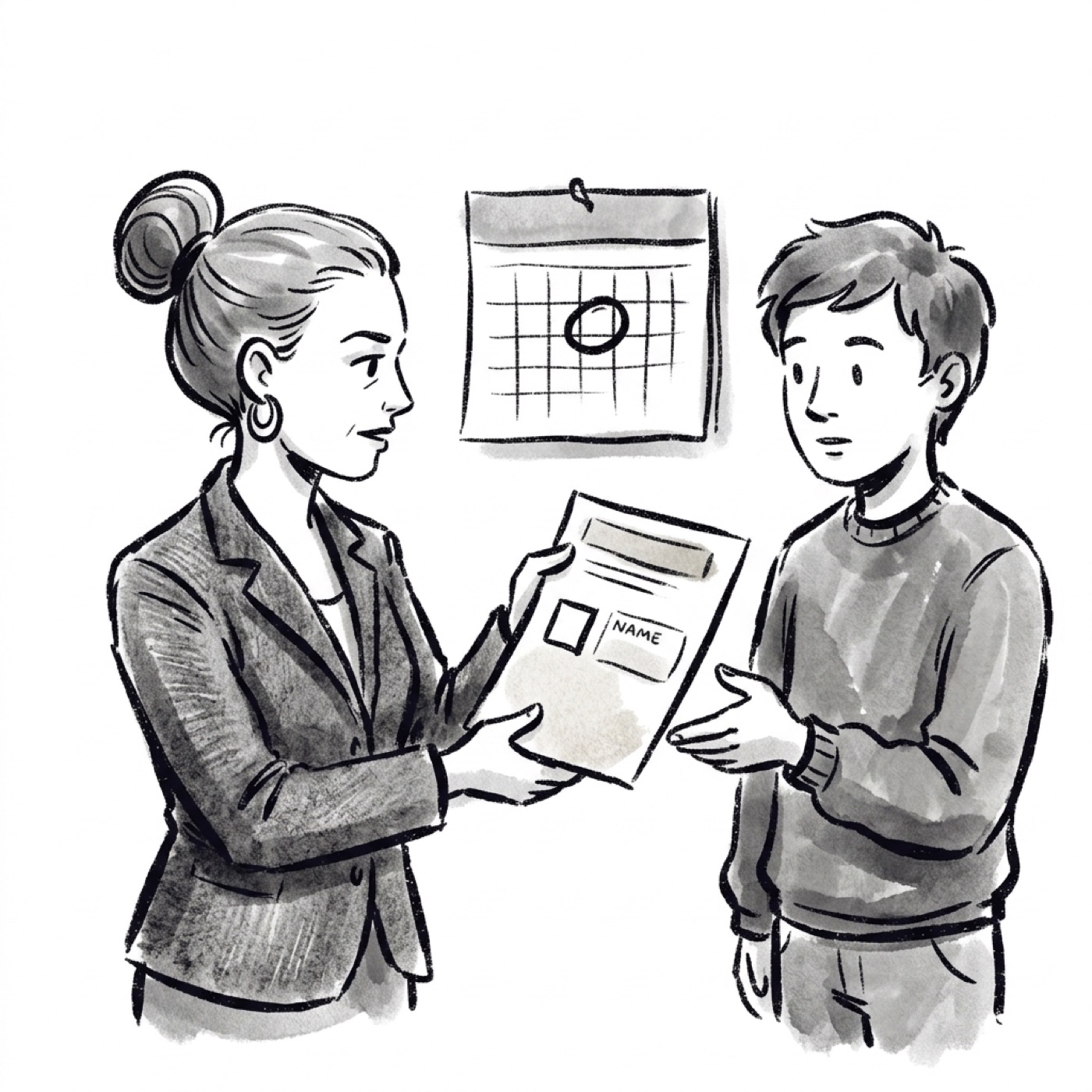 A product manager handing an action card with an owner and a due date to a teammate