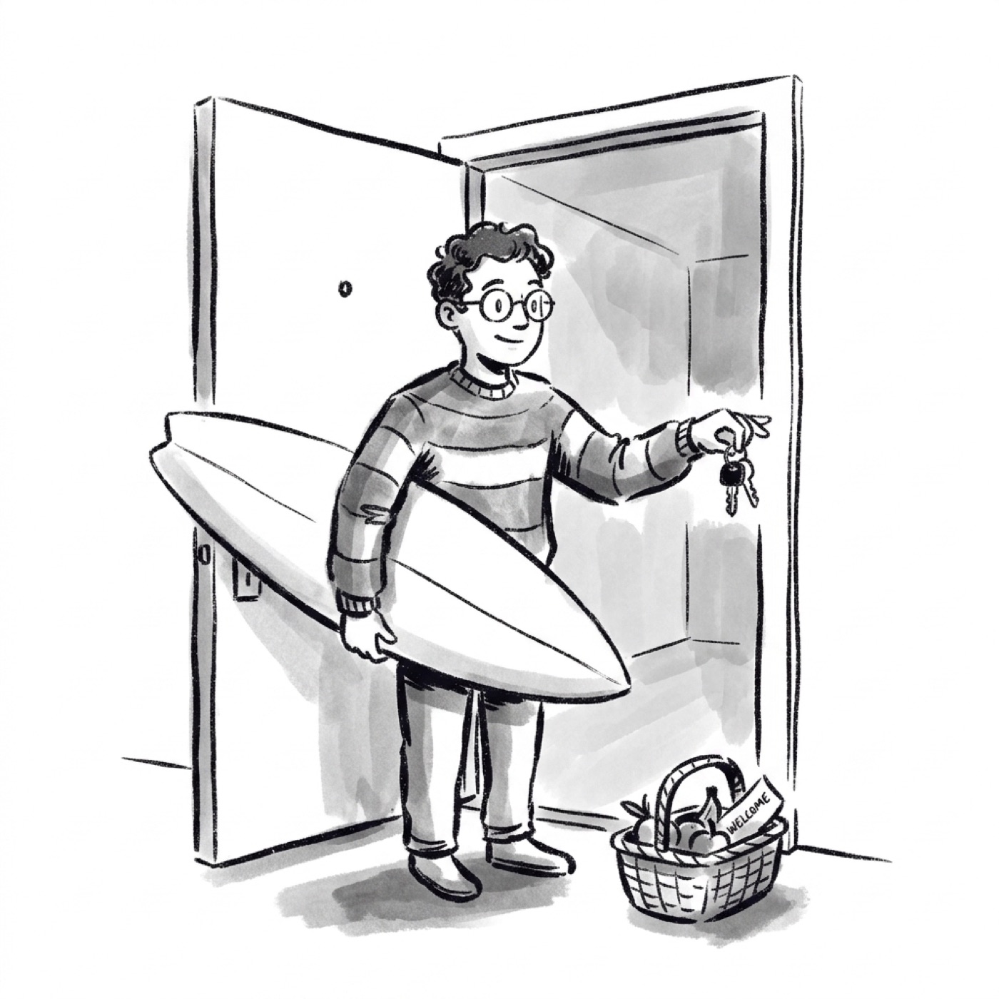 A host at an open door hands a guest a surfboard and a set of car keys, a welcome basket on the floor