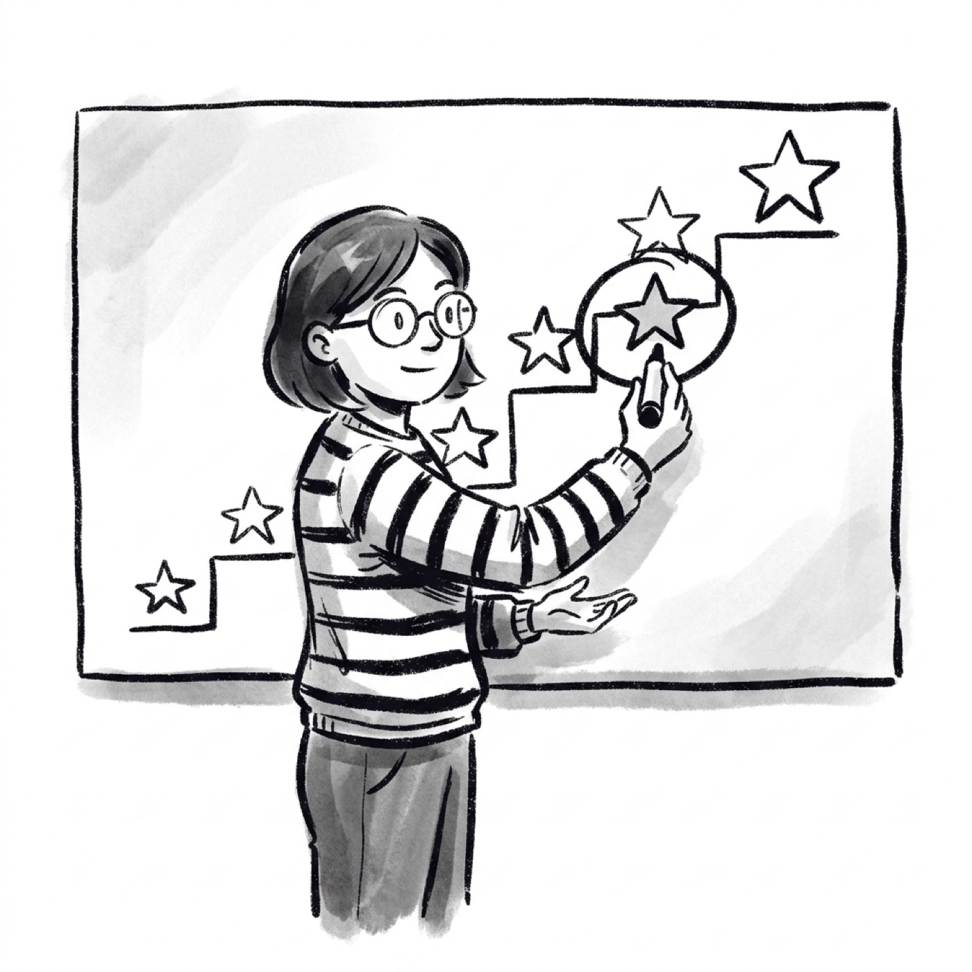A product manager at a whiteboard circles a point on a rising ladder of stars