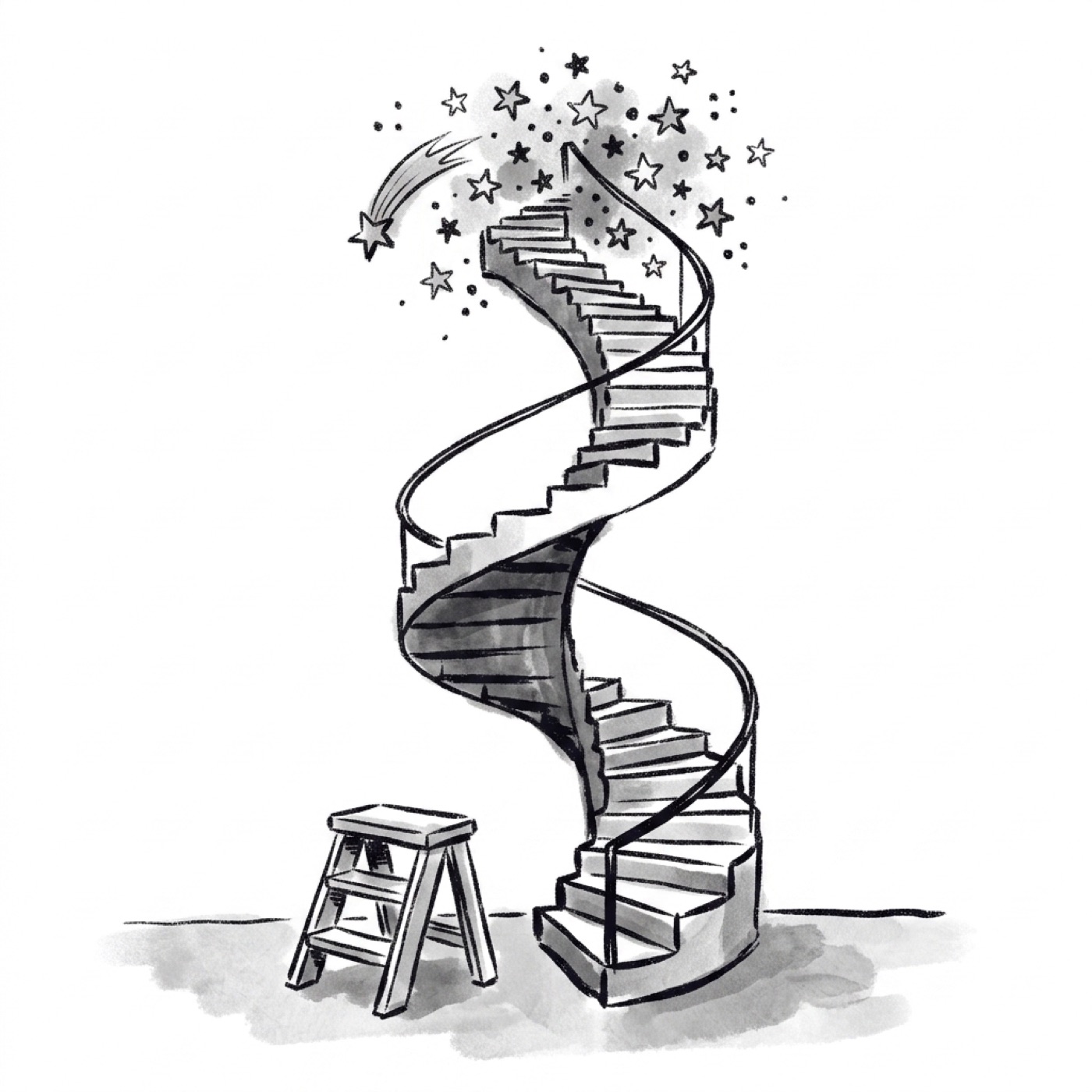 A tiny stepstool sits beside a towering spiral staircase that climbs into a cluster of stars