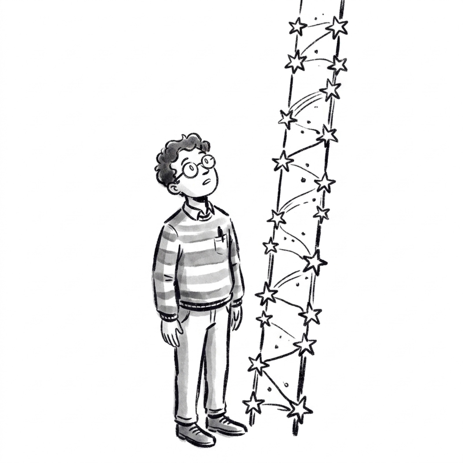 A product manager looks up at a ladder of stars stretching past the top of the frame