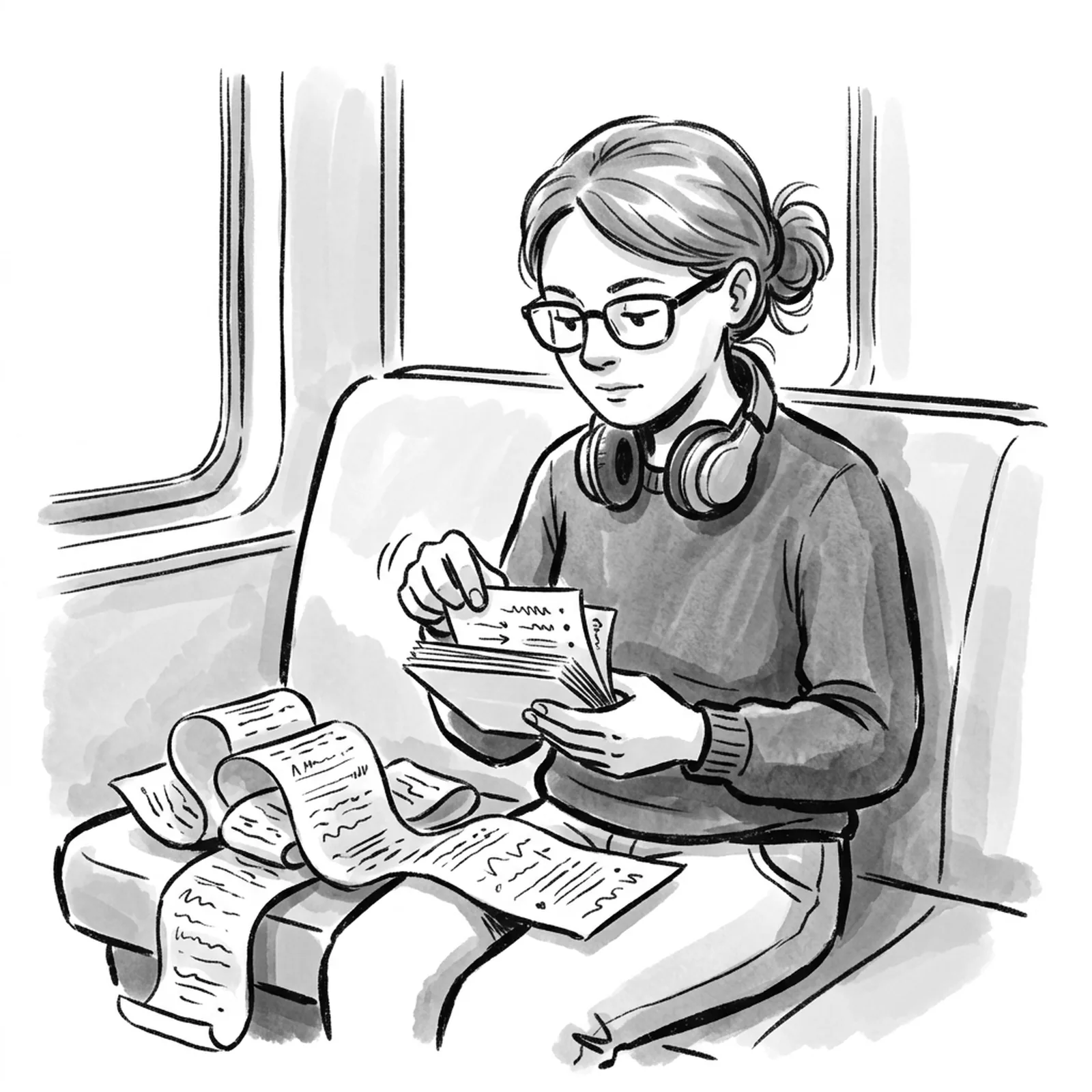 A product manager on a train flips through a slim stack of handwritten index cards while a long paper transcript scroll lies piled on the seat beside her
