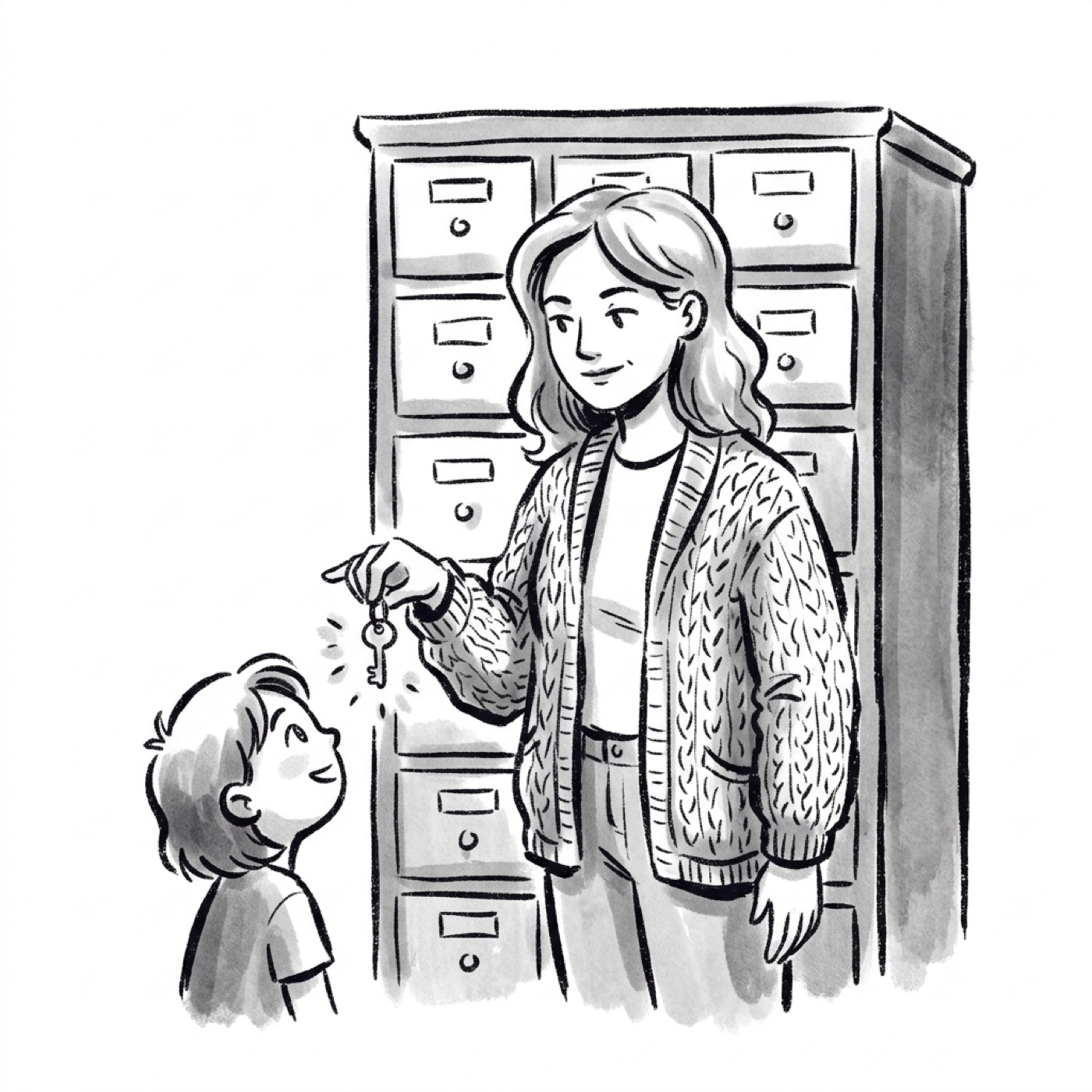 A product manager hands a single glowing key to a new user while a cabinet of closed drawers waits behind