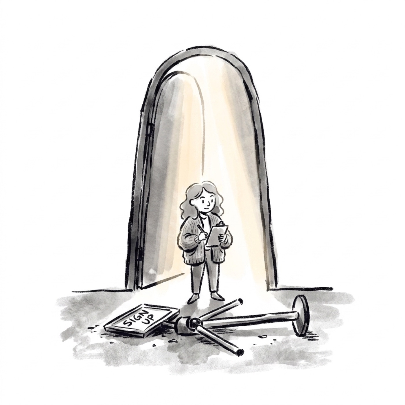 A tiny figure steps through a glowing doorway, a discarded signup turnstile on the ground