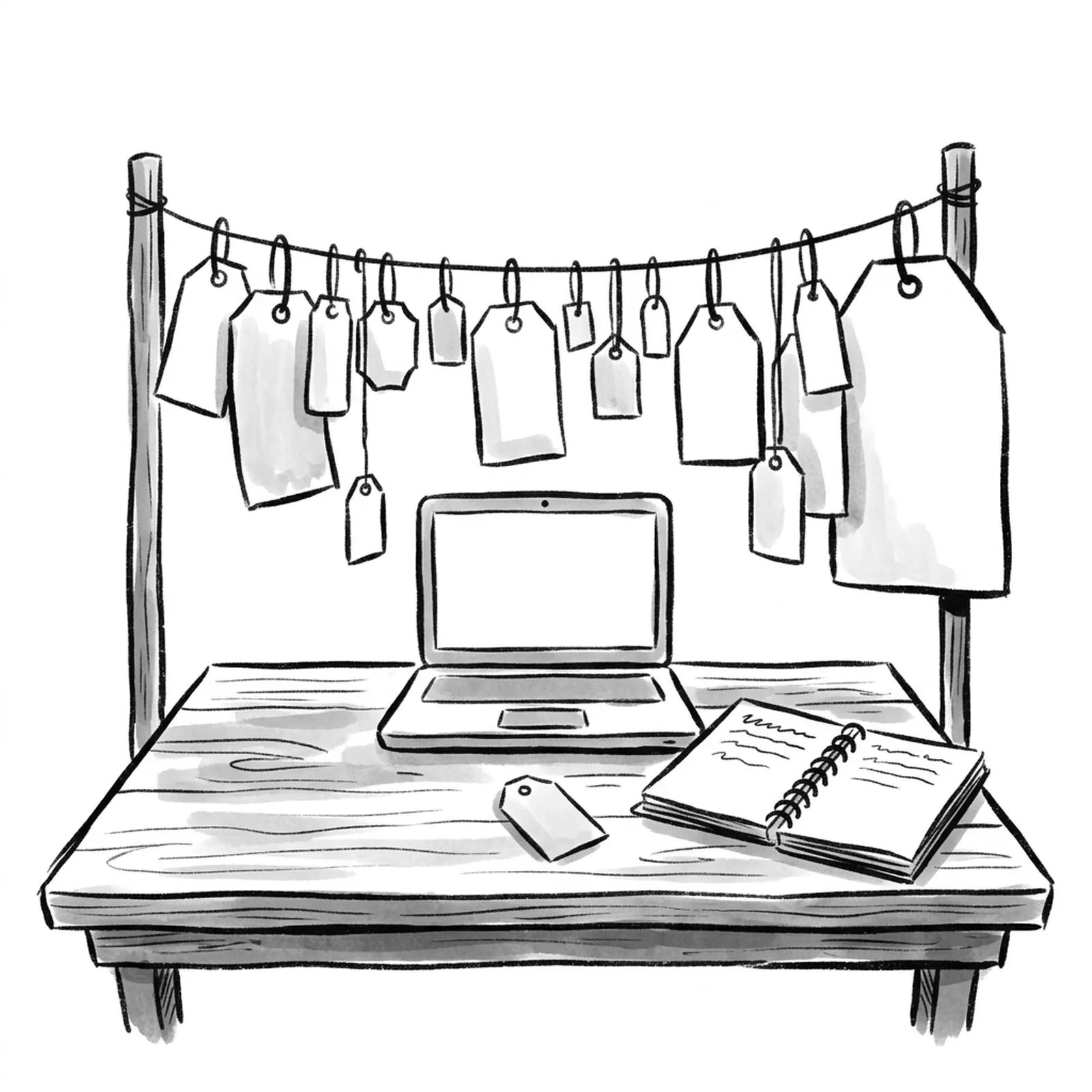 A long row of price tags of very different sizes hanging from a line above a desk, with one small tag in front of an open laptop and a notebook