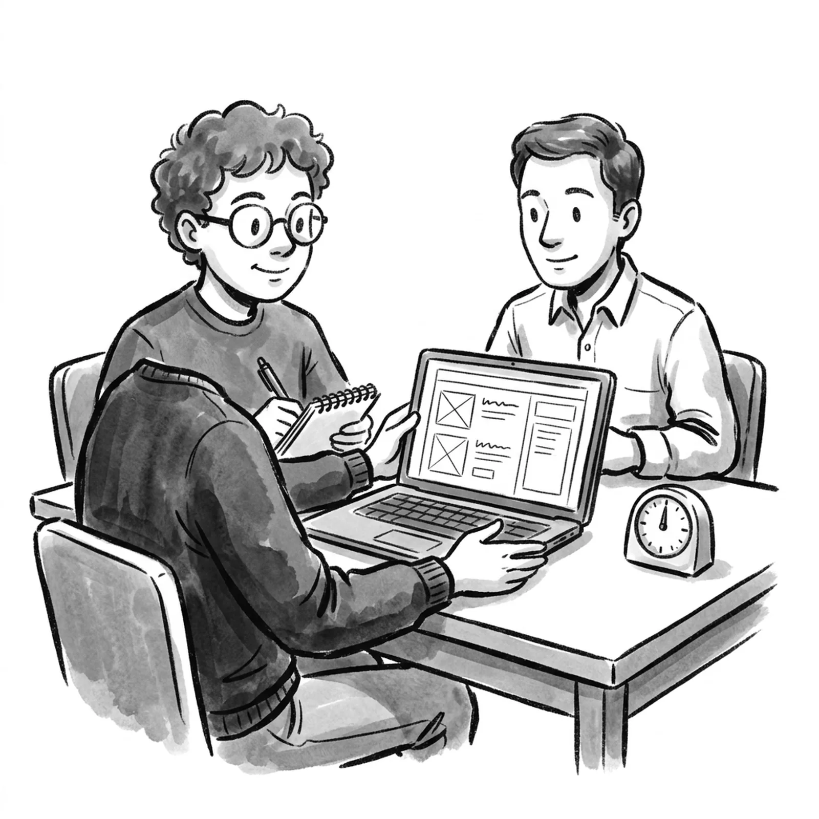 A product manager shares a laptop screen showing a half-built app preview while an interviewer across the table watches and takes notes, a kitchen timer beside the laptop