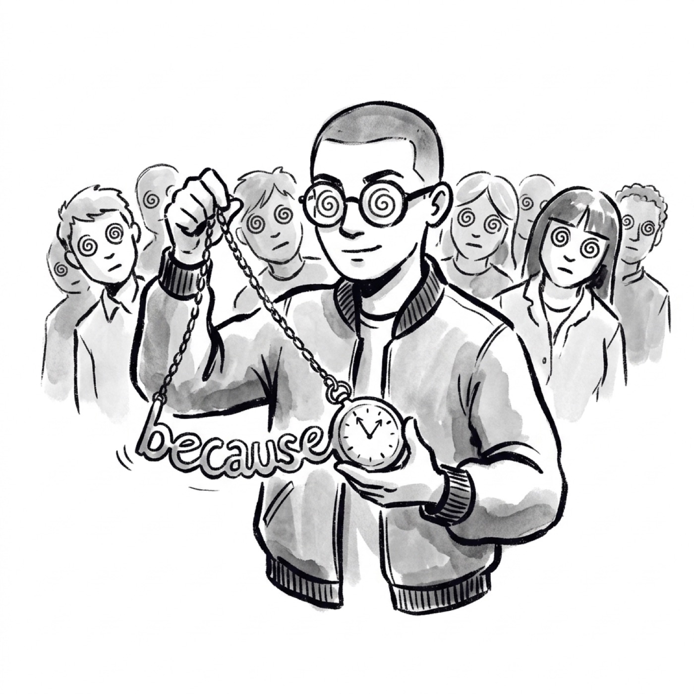 A product manager as a hypnotist swings a pocket watch shaped like the word "because" while onlookers nod