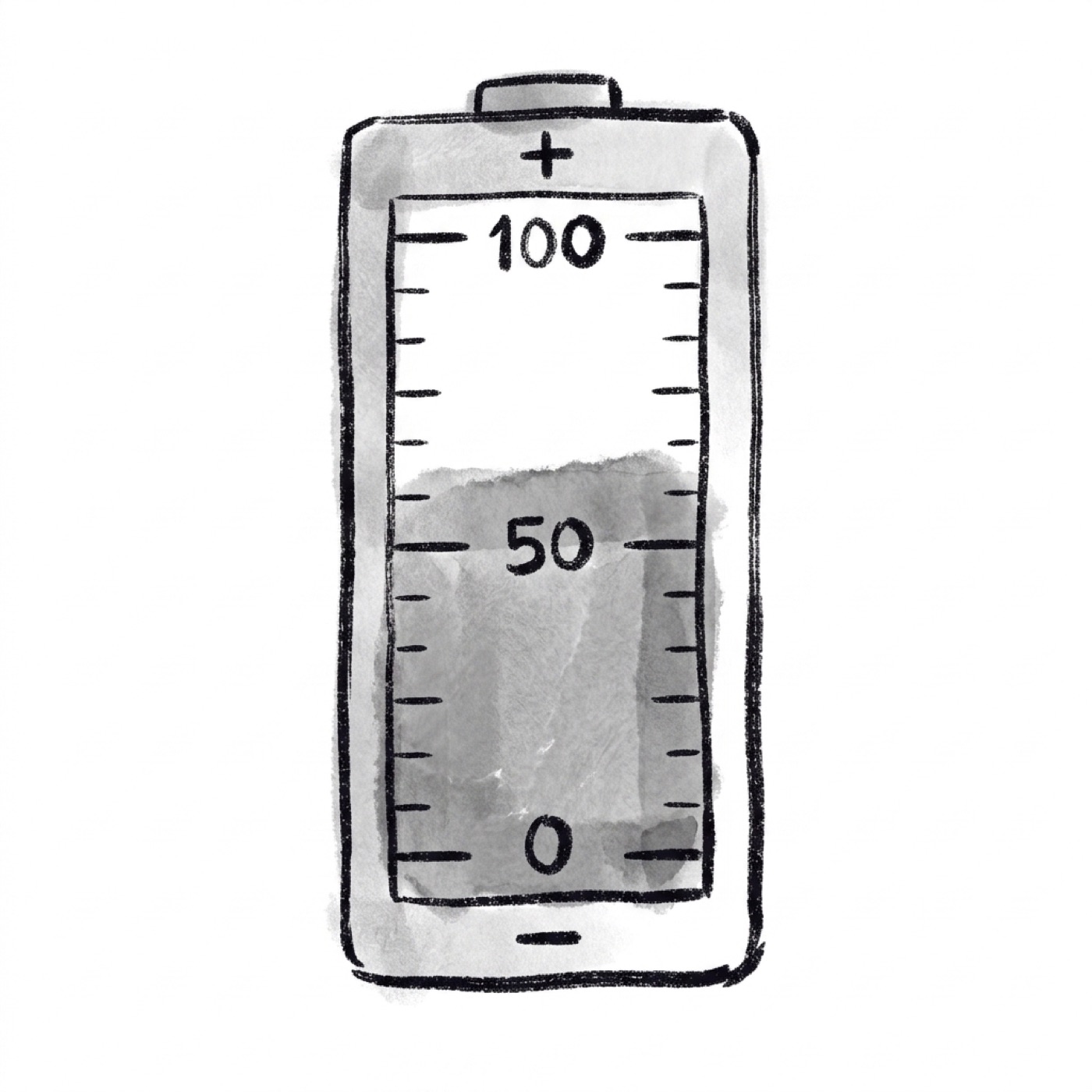 A battery-style energy meter marked from 0 to 100, charged a little past halfway