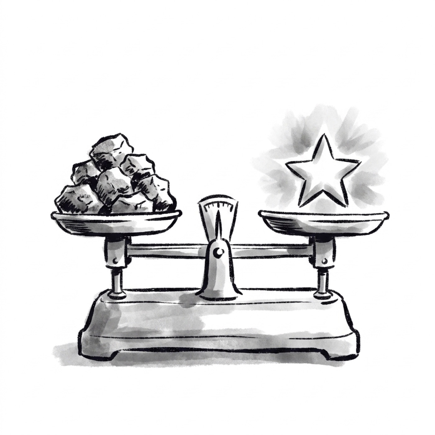 A weighing scale balances a pile of rocks against a single glowing star