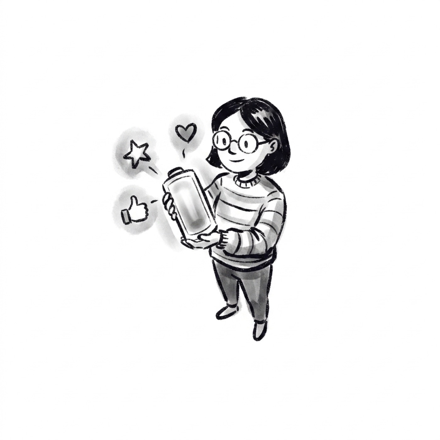A product manager holds up a glowing battery being charged by icons of a star, a heart and a thumbs-up