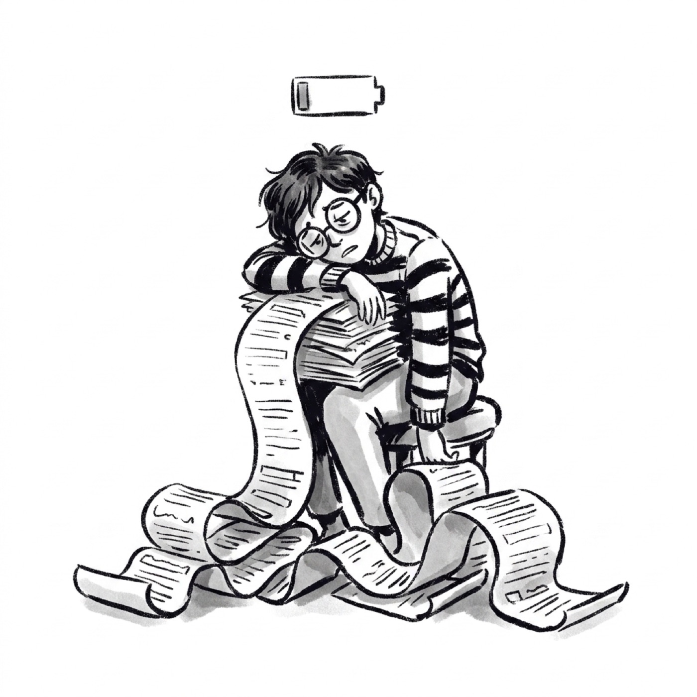 A product manager sits slumped and tired, buried under a long unrolling paper form