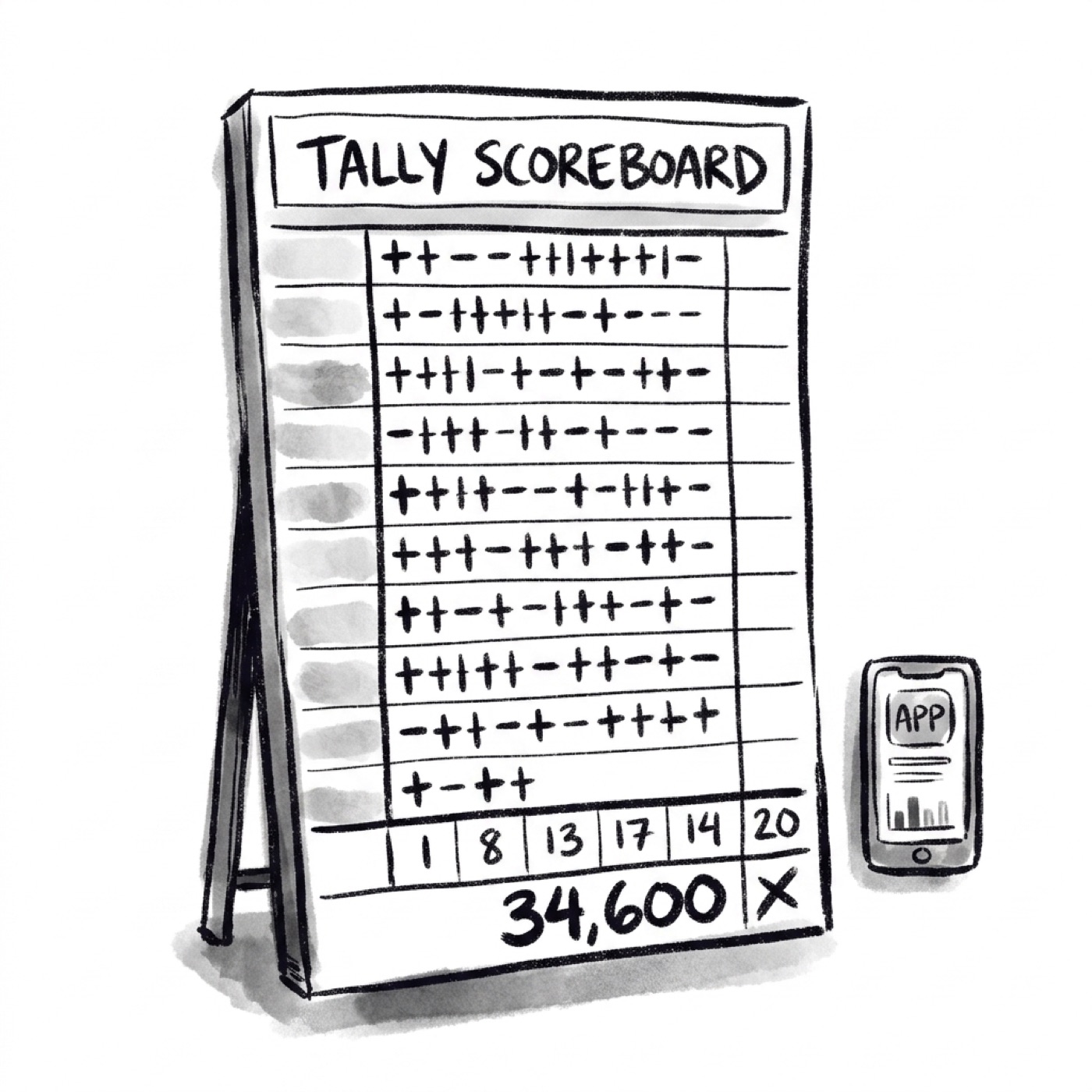 A tally scoreboard covered in plus and minus marks next to a small phone mockup