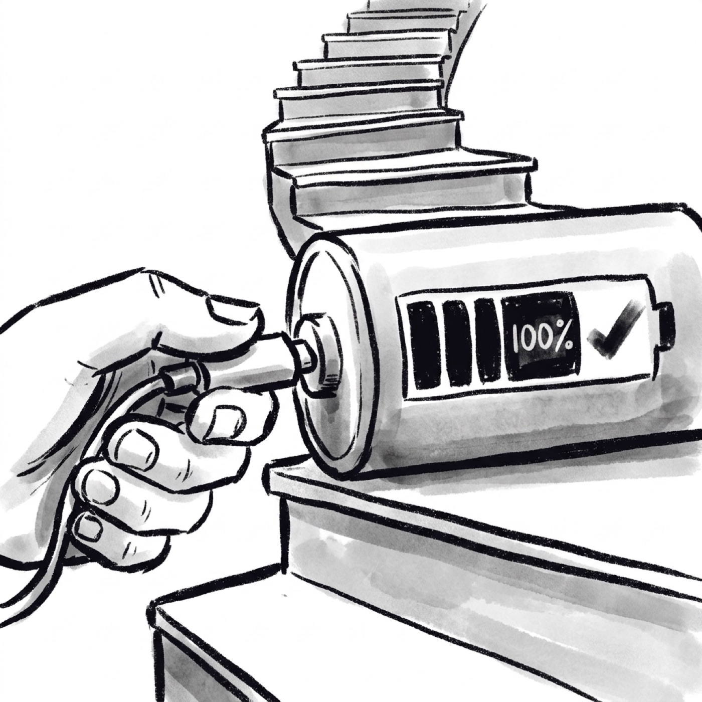 A hand tops up a battery to full at the foot of a steep uphill staircase