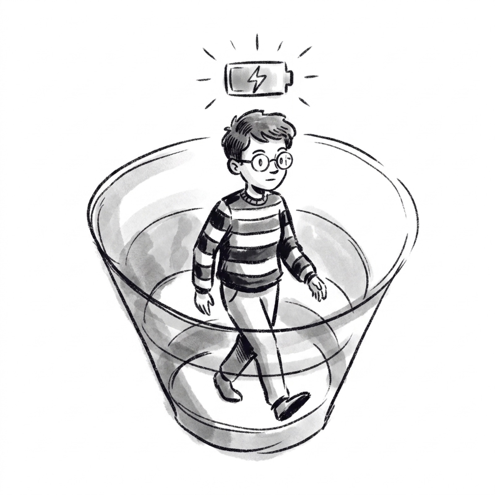 A product manager walks down inside a giant funnel with a glowing energy meter above their head