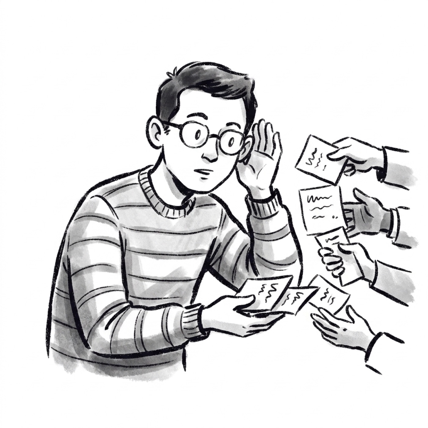 A product manager cupping his ear to listen while customers hand him note slips