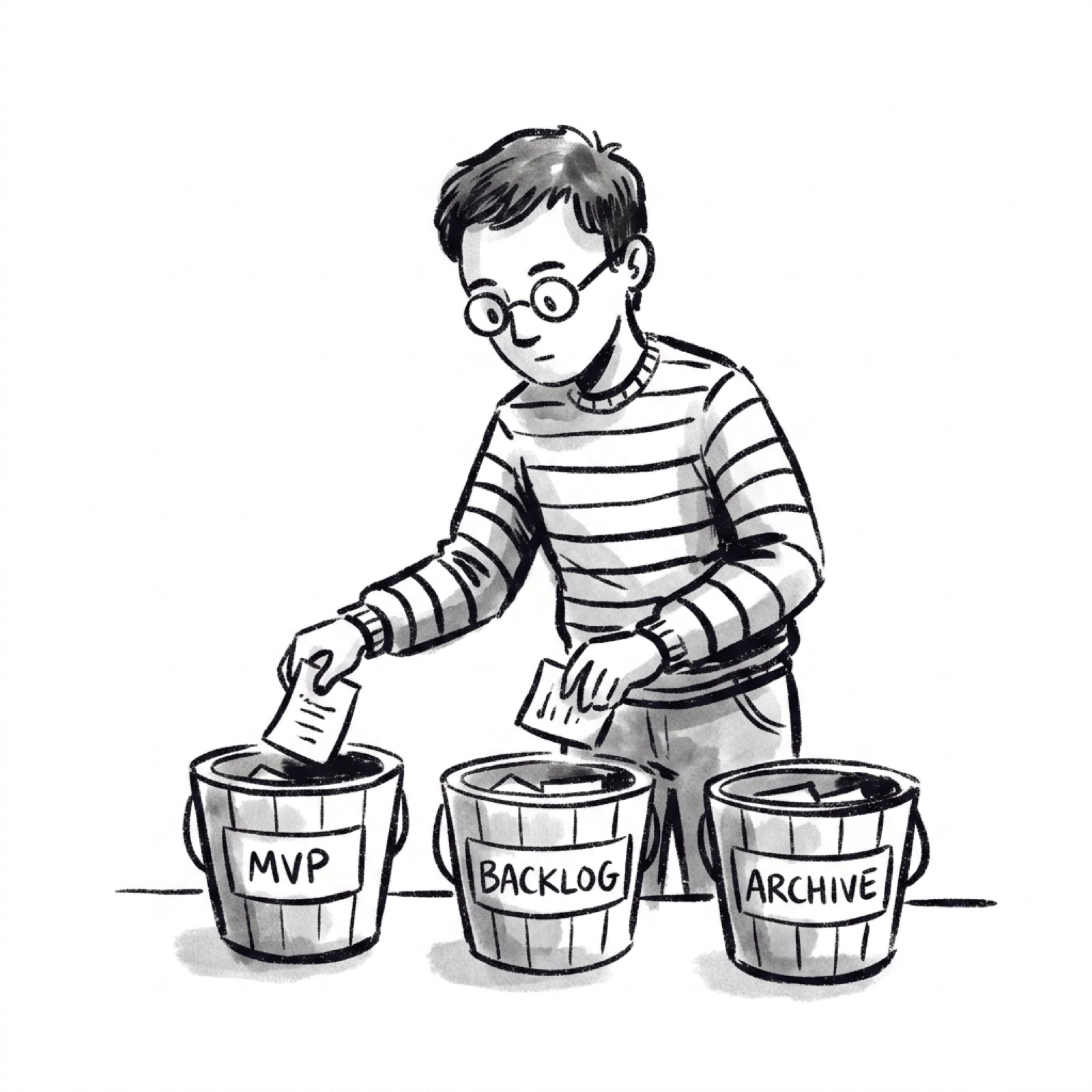 A product manager sorting paper feature cards into three labeled wooden buckets