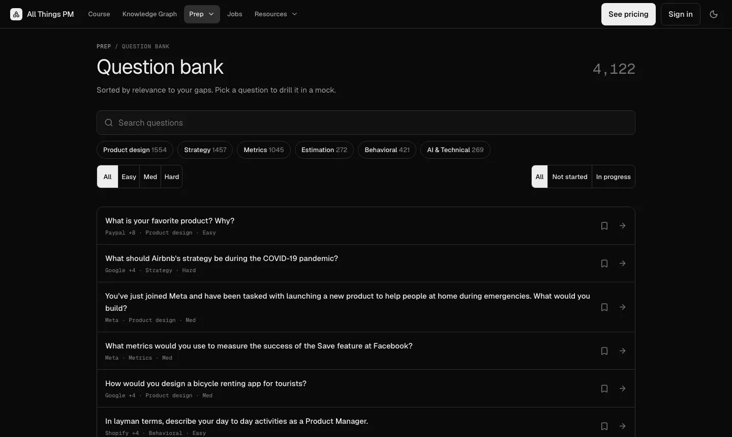 The question bank at allthingspm.app/question-bank, September 2026 The AllthingsPM question bank, showing 4,122 questions with filters for product design, strategy, metrics, estimation, behavioral, and AI and technical